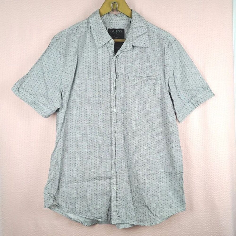 Guess Men Short Sleeve Shirt Gray Dot Print Size L 100% Cotton - Picture 1 of 8